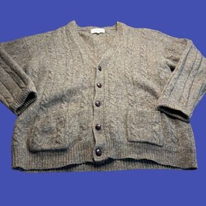 Country Trader Wool Cardigan Sweater XL Brown Cable Knit 100% Pure New Wool
